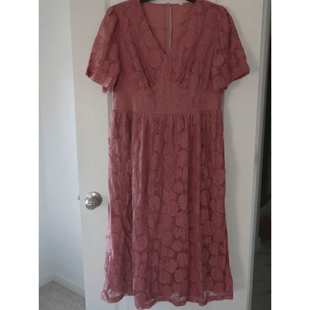 Women's Floral Lace V-neck Midi Dress M #1707-B5